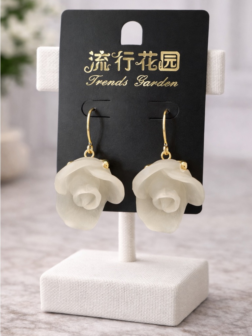 White Rose Drop Earrings with Gold Hooks
